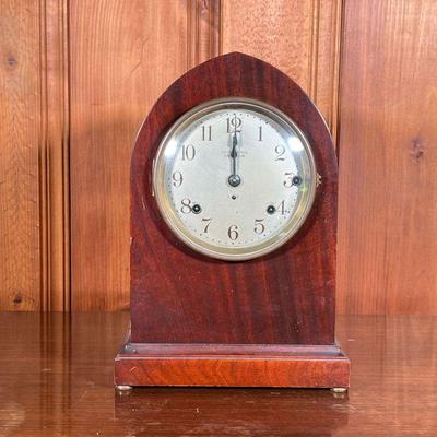 SETH THOMAS SONORA CHIME CLOCK | Mahogany Seth Thomas Sonora Chime clock with glass bells still intact. - l. 10 x w. 7.5 x h. 14.25 in 