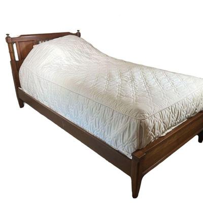 WOODEN TWIN BED FRAME | Carved wood twin bed frame with spindle accents in headboard. - l. 80.5 x w. 41 x h. 37.5 in 
