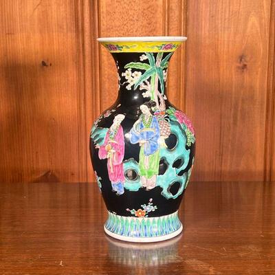 HAND-PAINTED JAPANESE VASE | Hand painted Japanese vase depicting 2 women carrying fruit amongst other flora and fauna. - h. 11.75 x dia....