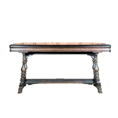 TUDOR-DUPLEX TABLE | Carved dark wood table with center drawer. Intricately carved H-stretcher on bottom with scrollwork. - l. 60 x w....