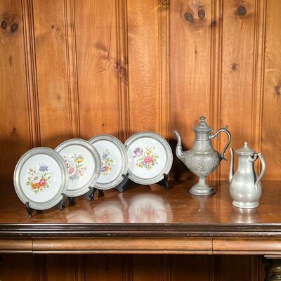 (6PC) MISC. PEWTER | Includes; 2 pewter coffee pots and 4 decorative floral ceramic plates with pewter rim. - h. 13 x dia. 6 in (large...