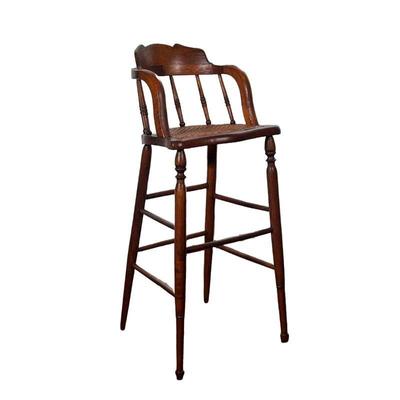 WICKER HIGH CHAIR | Curved back high chair with wicker seat and spindle legs. - l. 15 x w. 15 x h. 32.75 in 