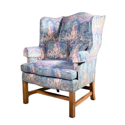 KNOB CREEK â€œHUNTINGâ€ UPHOLSTERED WINGBACK CHAIR | Wingback armchair colorfully upholstered with English hunting scene depicting...