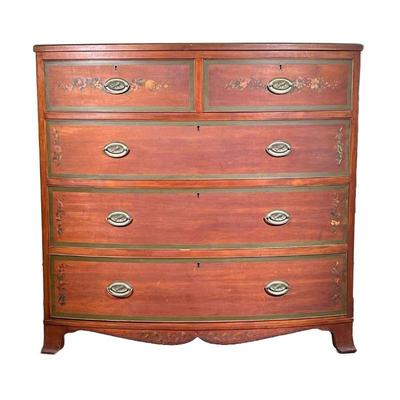 HAYDEN COMPANY PAINT DECORATED BOW FRONT CHEST OF DRAWERS | early 20th century, having two drawers over three full-width drawers, green...