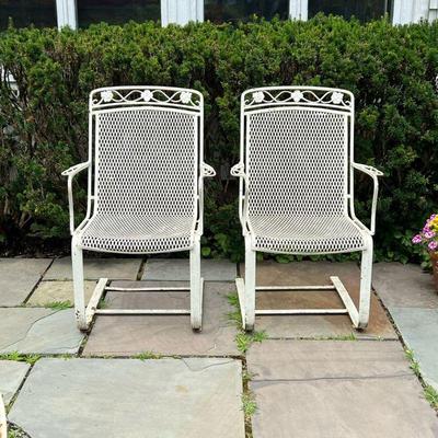 (2PC) PAIR WROUGHT IRON SPRING CHAIRS | White wrought iron spring chairs with floral decoration on top and on the arms. - l. 24 x w. 23 x...