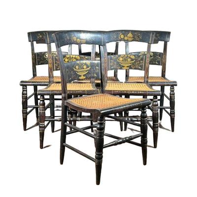 (6PC) HITCHCOCK STYLE CHAIRS | Black stencil painted chairs with cane seating. - l. 17.5 x w. 16 x h. 34.5 in 