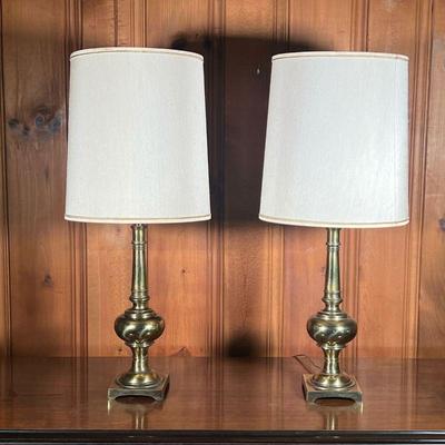 (2PC) PAIR BRASS LAMPS | Spindle brass lamps with square base and tall shade. - h. 34 x dia. 14.5 in (with shade) 