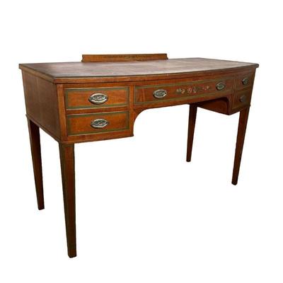 THE HAYDEN COMPANY CURVED DESK | Curved wooden desk with large central drawer and 2 smaller drawers on each side, olive painted border...