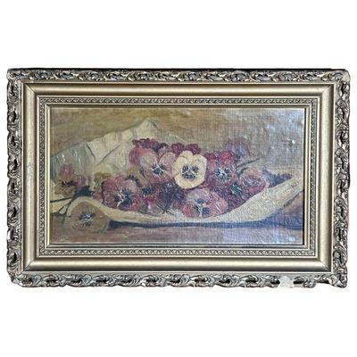 EARLY 20TH CENTURY OIL PAINTING | Depicts bundle of flowers laid out in gilt frame. - l. 21.5 x h. 14 in 