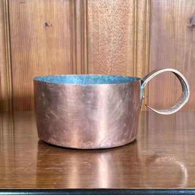 ANTIQUE HAMMERED COPPER POT | Antique hand-hammered copper pot with curved handle. - h. 5 x dia. 9 in 