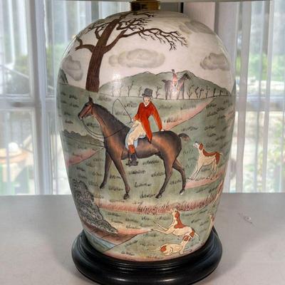 CERAMIC HUNTING LAMP | Large painted ceramic lamp depicting English hunting scene with men in horses and dogs following. - h. 26 x dia....