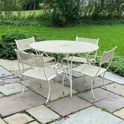 WHITE IRON PATIO SET | Includes: 4 grated white patio chairs and circular grated patio table with hole in center for umbrella. - h. 29 x...