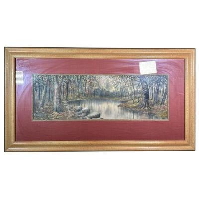 FRED IRVING SIGNED FRAMED OIL PAINTING | Signed in lower left corner, depicts woodsy scene by a pond. 30 x 10.5in sight. - l. 42.5 x h....