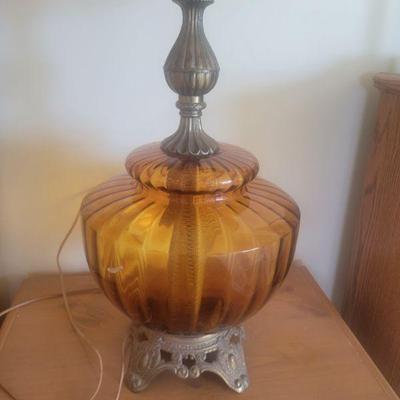 Vintage Amber Glass and Scrolled Metal Table Lamp