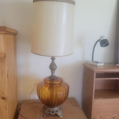 Vintage Amber Glass and Scrolled Metal Table Lamp