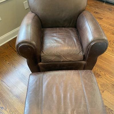 Pottery Barn Mitchell Gold Brown Manhattan Leather Club Chair and Ottoman 33" W x 35.5" H x 40" D