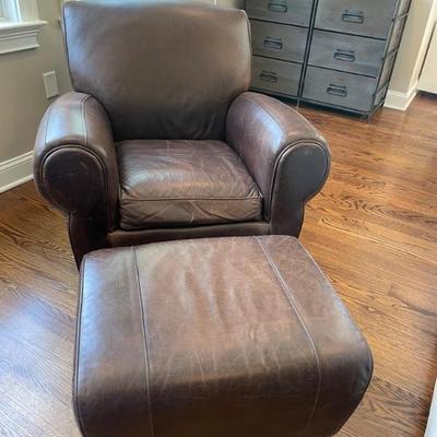 Pottery Barn Mitchell Gold Brown Manhattan Leather Club Chair and Ottoman 33" W x 35.5" H x 40" D