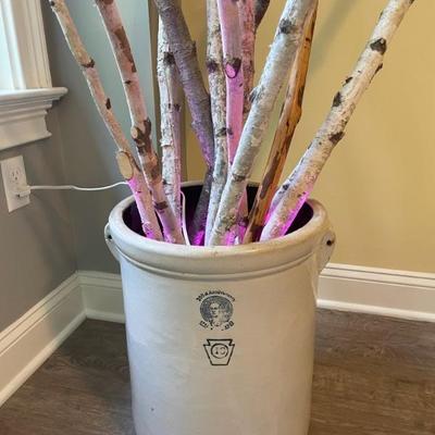 Birch Branches in Six Gallon George Washington 200 Anniversary Keystone Stoneware Crock with accent lights 
