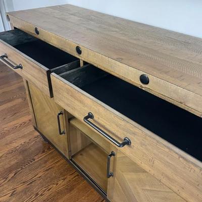 Nevada Pub Natural Server - server in distressed finis , features large metal wheels and metal bolts 55" W x 18" D x 42" H