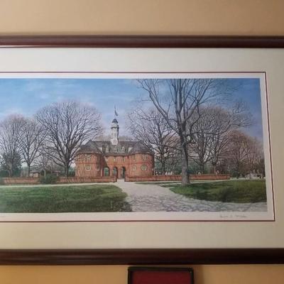 Large framed print of  colonial Williamsburg capitol building, signed