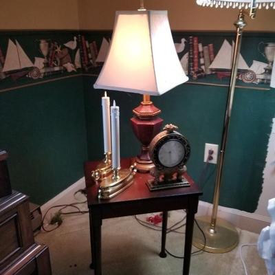 End table, clock, lamps