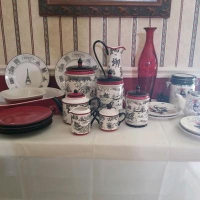 Dishes, canisters, teapot, plates