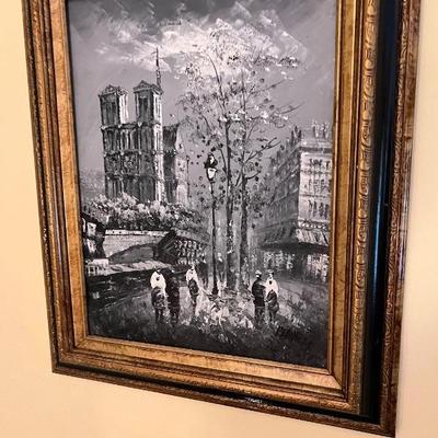 Black & white oil painting of Paris by Caroline Burnett