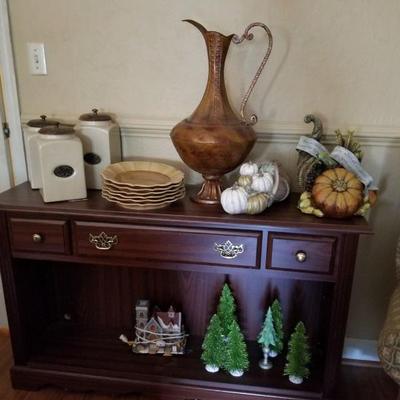 Console table, canisters, decor