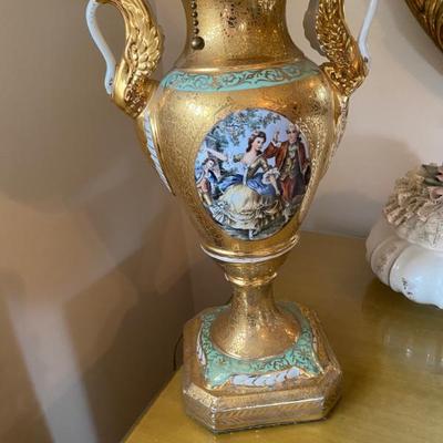 Vintage Hand Painted Table Lamp with Silk Shade