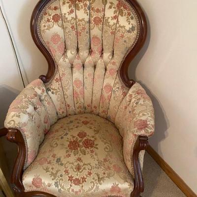 Antique 19th Century Carved Silk Tufted Balloon Chair, Mahogany