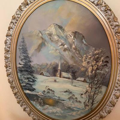 Vintage Original Oil Painting on Canvas, Oval Frame