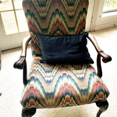 Vintage Wood and Flame Stitched Upholstered Accent Chair