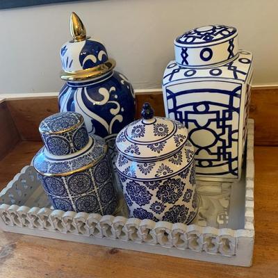 Blue and White Lidded Jars