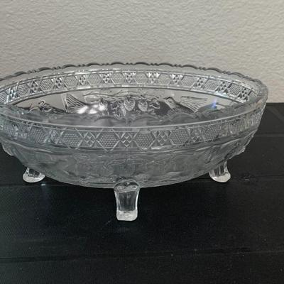 Antique EAPG ( early American Pattern Glass). Indiana Glass Footed Berry Bowl  Birds and Strawberry Pattern