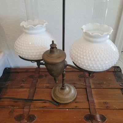 Brass lamp with milk glass shades
