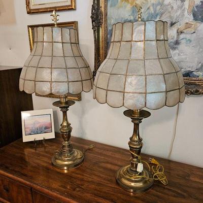Pair of Vintage Capiz Shell Lamp Shade Table Lamps.