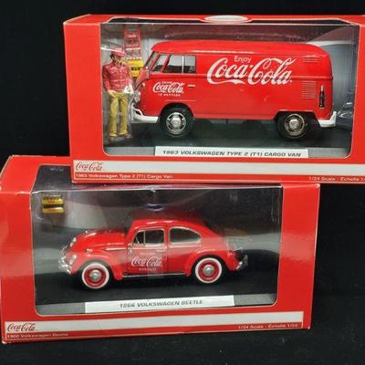 Lot 014-MT: Coca-Cola Die-cast Duo #2

Features:
â€¢	Coca-Cola 1963 Volkswagen Type 2 (T1) Cargo Van
â€¢	Coca-Cola 1966 Volkswagen Beetle...
