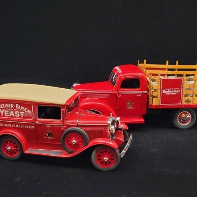 Lot 045-MT: Budweiser Die-cast Delivery Truck Duo

Features:
â€¢	Danbury Mint 1931 Anheuser-Busch Yeast Budweiser Barley Malt Syrup...