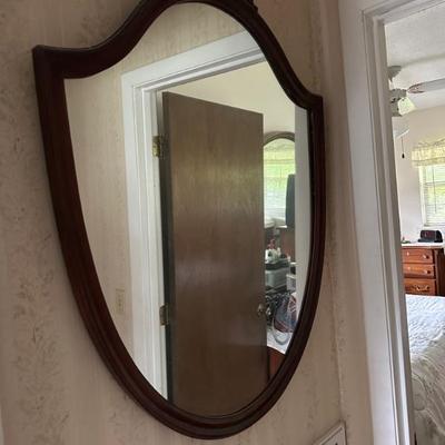 Antique wood shield mirror