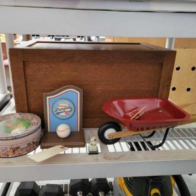 #2096 â€¢ Wooden Box, Baseball Plaque & Mini Wheelbarrows
