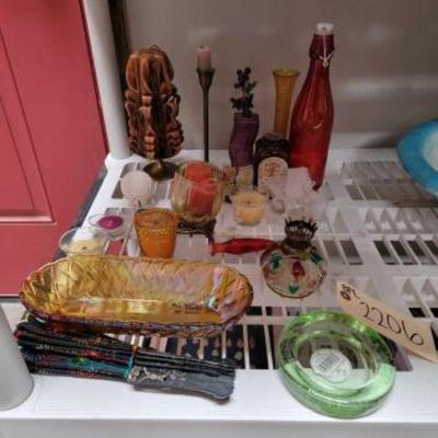 #2206 â€¢ Candle Holders, Glass Trays, Vase, Bottle & Fan
