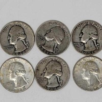 #1410 â€¢ (6) 90% Silver Quarter Dollars
