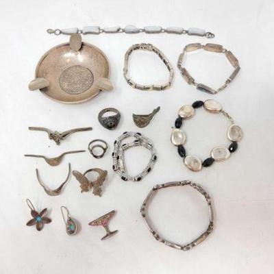 #919 â€¢ Sterling Silver Bracelet, Rings, Earrings & Bowl, 217g
