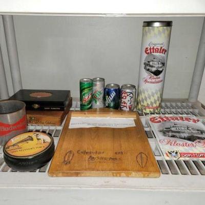 #2154 â€¢ Soda Cans, Budwiser Mug, Metal Sign & Cigar Cases
