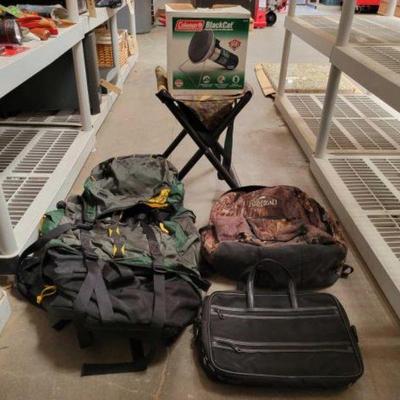 #2138 â€¢ Backpacks, Bags, Foldable Chair& BlackCat Portable Heater
