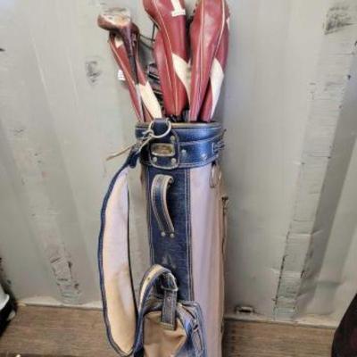 #4702 â€¢ Vintage Golf Bag with Assorted Clubs
