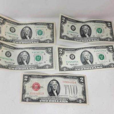 #1512 â€¢ (5) $2 U.S. Dollar Banknotes
