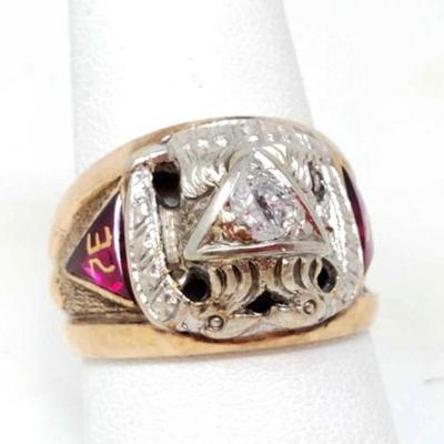 #700 â€¢ 14k Gold Diamond & Ruby Masonic Ring, 13g
