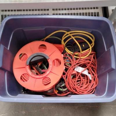 #2076 â€¢ Tote of Extension Cords, Power Strips & Reel
