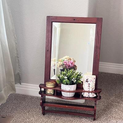 Lot #30 -Vintage Hanging Wall Mirror In Solid Wood, Beveled Mirror and Storage Ledge